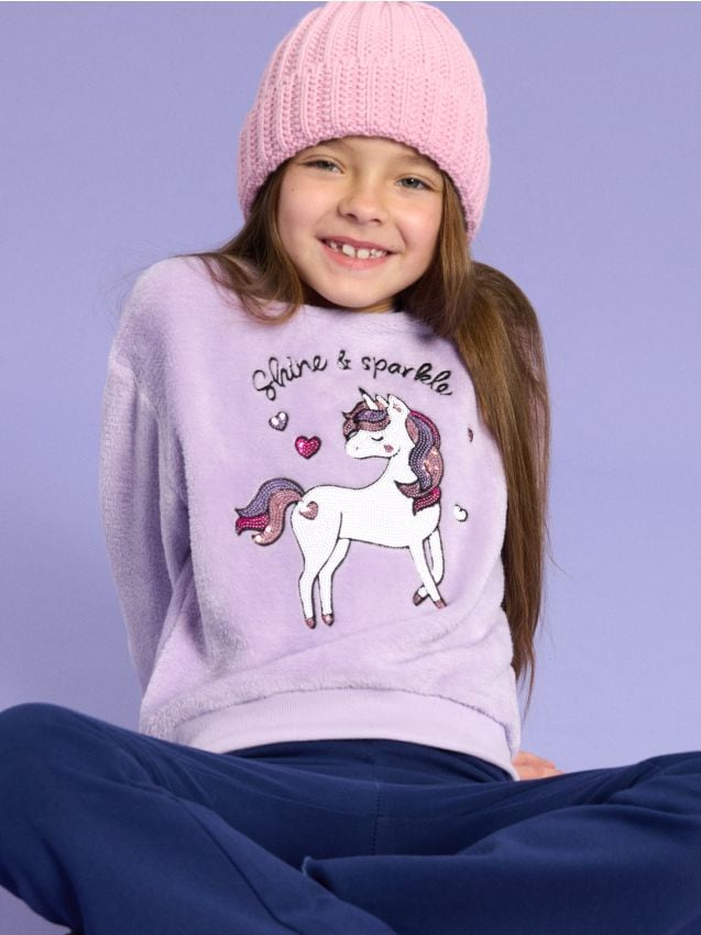 Sinsay - Bluză crewneck din pluș cu motiv de unicorn din paiete - lavand