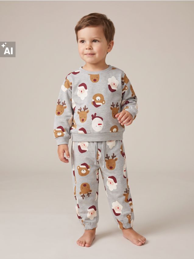 Sinsay - Set cu bumbac: bluză crewneck și pantaloni jogger cu imprimeu de Crăciun - gri deschis