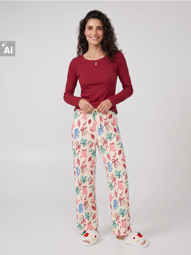 Sinsay - Pijama din bumbac din două piese cu motiv de Crăciun - bordo