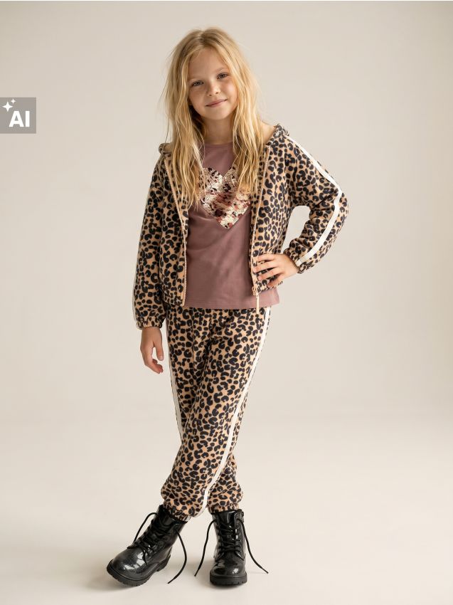 Sinsay - Pantaloni jogger cu model leopard și lampasuri - bej