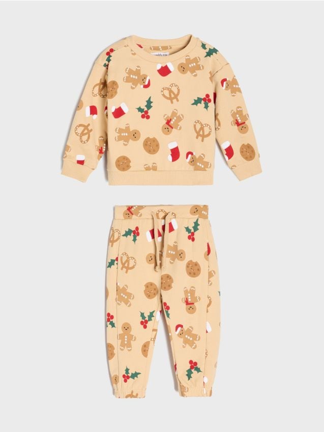 Sinsay - Set din bumbac: bluză crewneck și pantaloni jogger cu motiv de Crăciun - bej