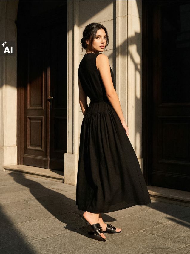 Sinsay - Rochie midi evazată cu viscoză și amestec de in - negru