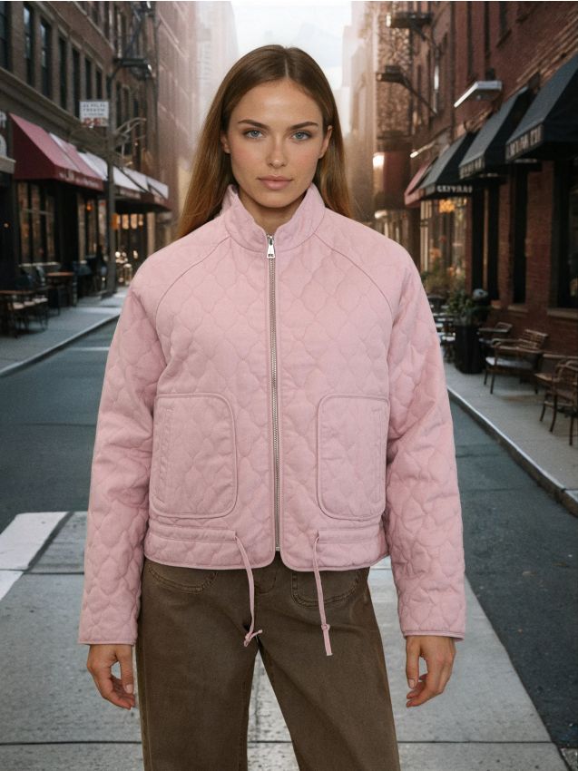 Sinsay - Geacă matlasată din bumbac cu fermoar și guler înalt - roz-pastel