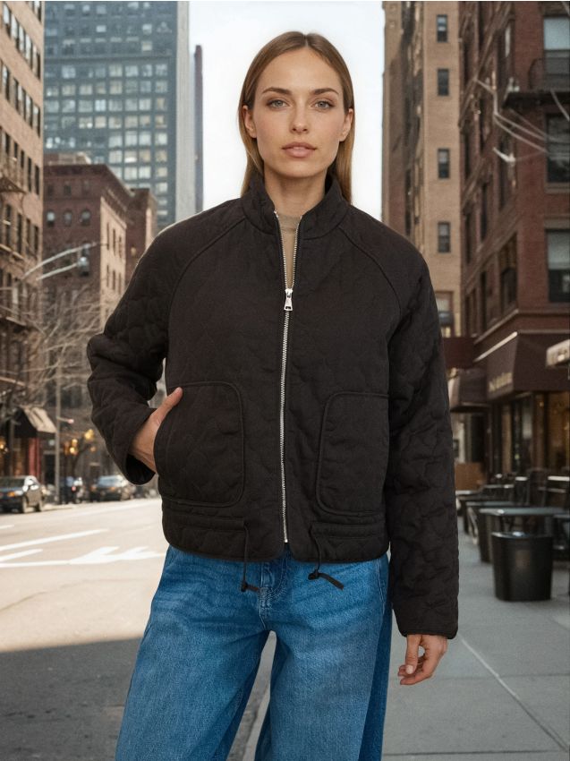 Sinsay - Geacă matlasată din bumbac cu fermoar și guler înalt - verde-metalizat