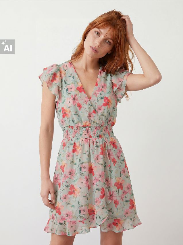 Sinsay - Rochie mini cu imprimeu floral și volane - verde-pal