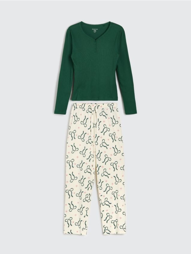 Sinsay - Pijama din bumbac din două piese cu motiv de Crăciun - verde-închis