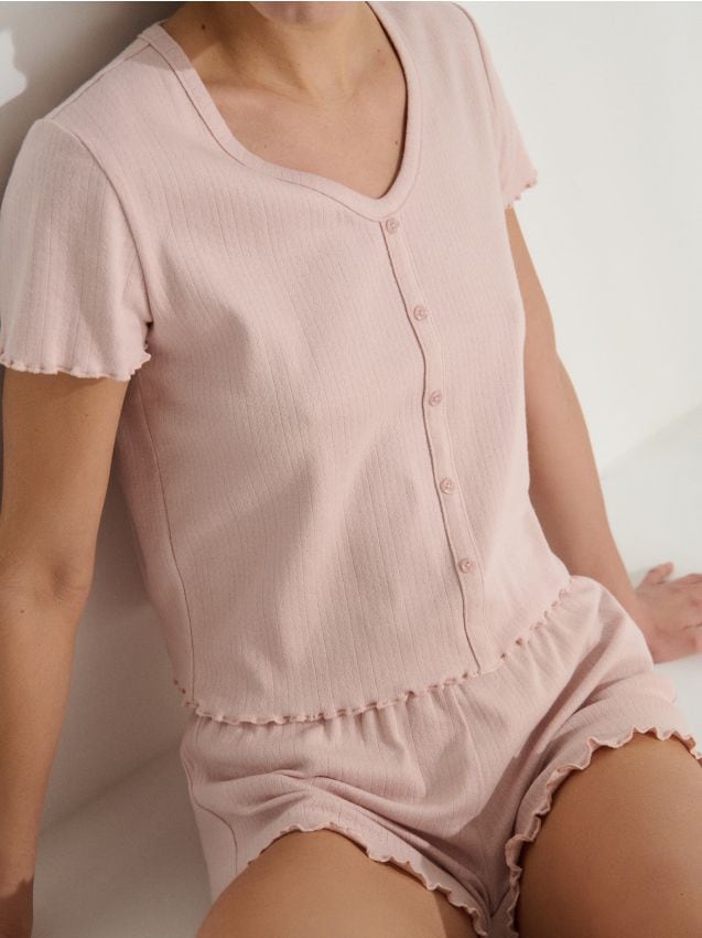 Sinsay - Pijamă din bumbac în două piese - roz-trandafiriu