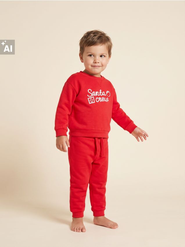 Sinsay - Set din bumbac: bluză crewneck și pantaloni jogger cu motiv de Crăciun - roșu