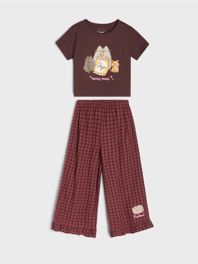 Sinsay - Set din bumbac: tricou cu mânecă scurtă și pantaloni în carouri Pusheen the Cat - multicolor