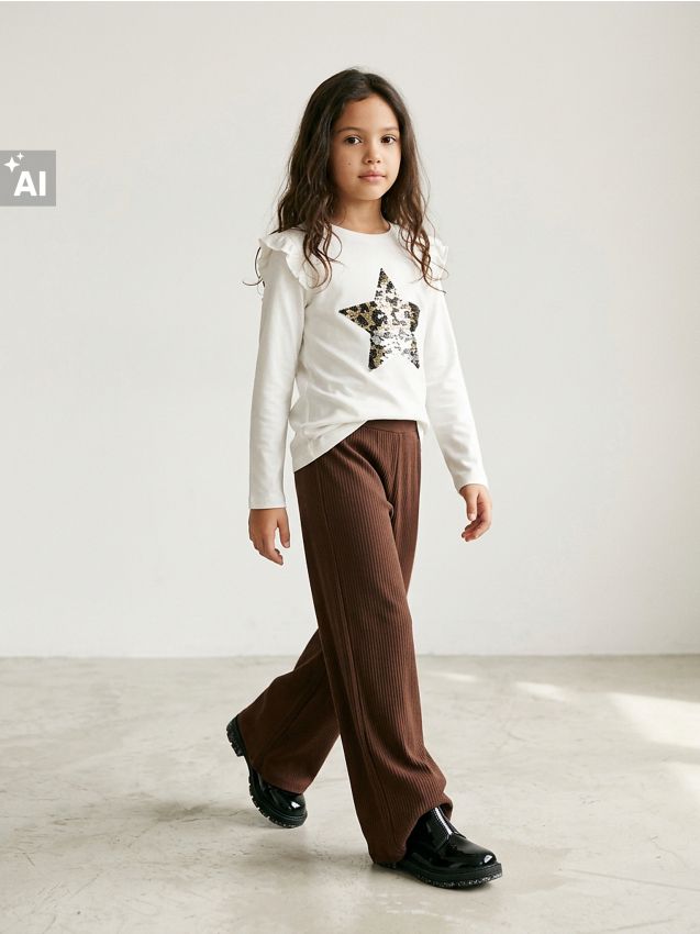 Sinsay - Pantaloni wide leg ribați - maro