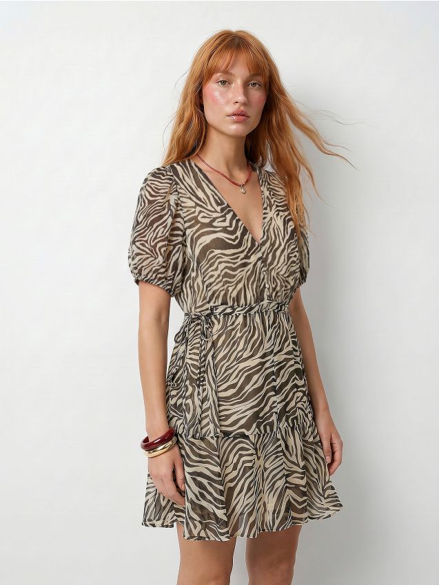 Sinsay - Rochie mini cu efect de fronseuri și imprimeu animalier - multicolor