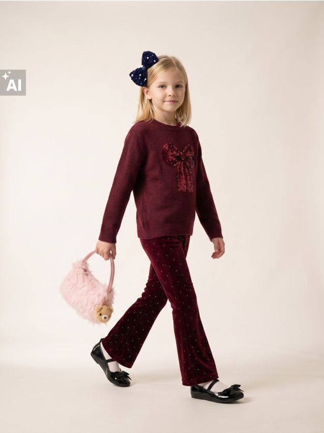 Sinsay - Pantaloni flare din velur cu aplicație din strasuri - bordo