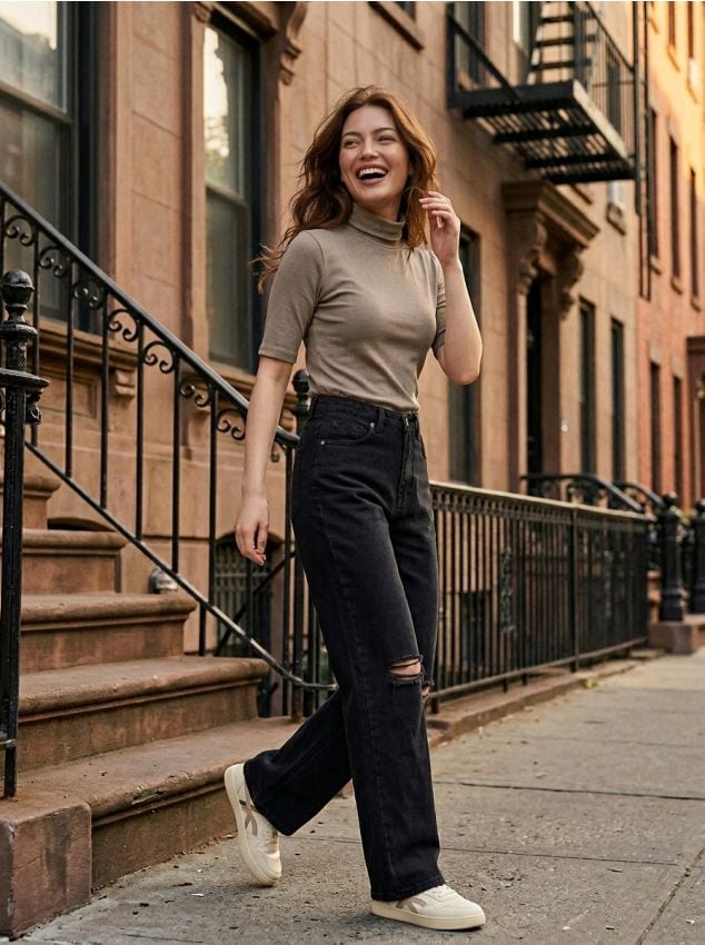 Sinsay - Prążkowana koszulka ze stójką - brązowy