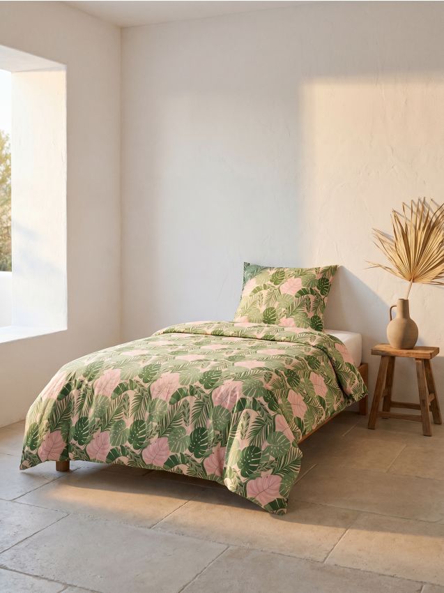 Set di biancheria da letto in microfibra con motivo monstera - rosa