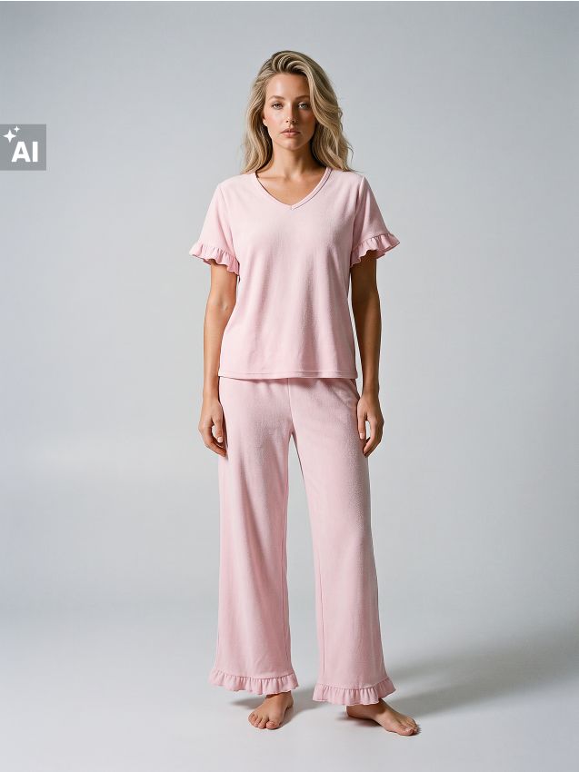 Sinsay - Pijama din pluș din două piese cu volane - roz-pastel