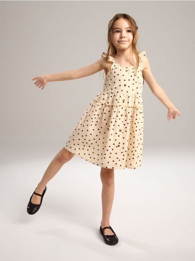 Sinsay - Rochie cu bretele cu buline și volane - crem