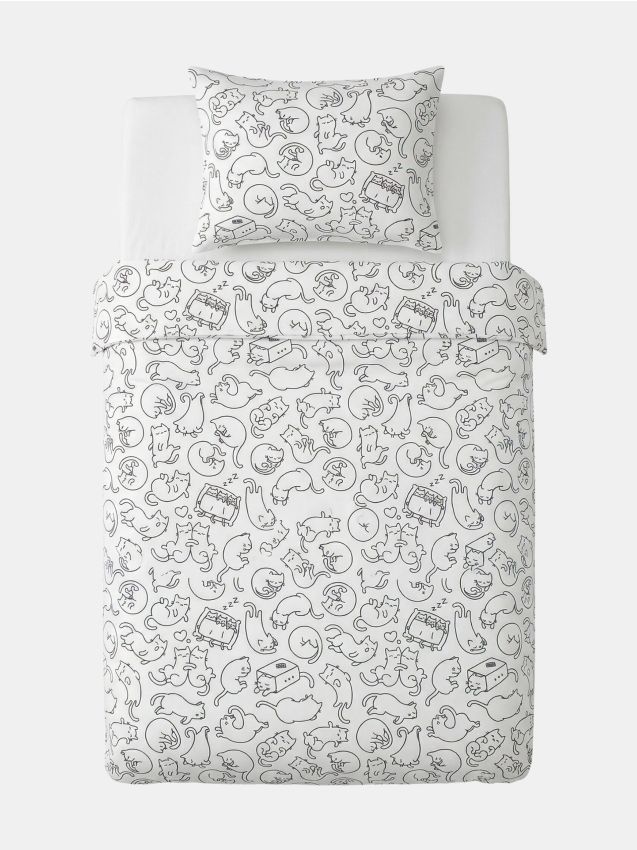 Sinsay - Set de lenjerie de pat din bumbac cu model de pisici - alb