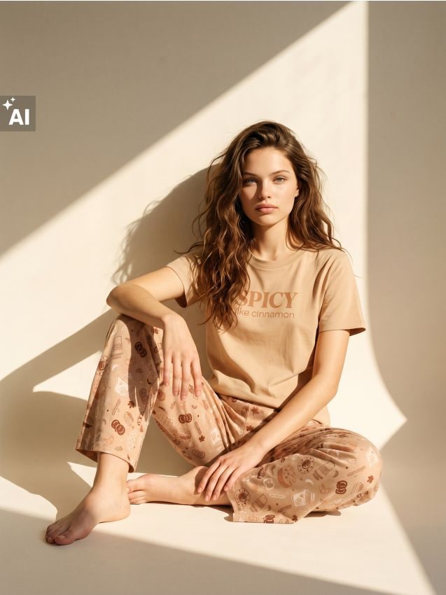 Sinsay - Pijama din bumbac din două piese cu motiv de toamnă - gri-maroniu