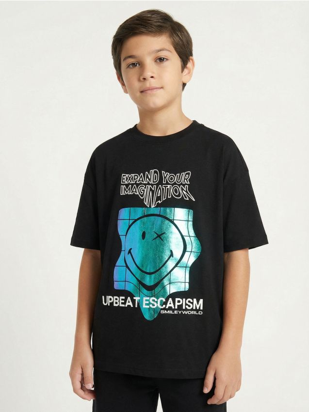 Sinsay - Tricou din bumbac cu imprimeu SmileyWorld® - negru