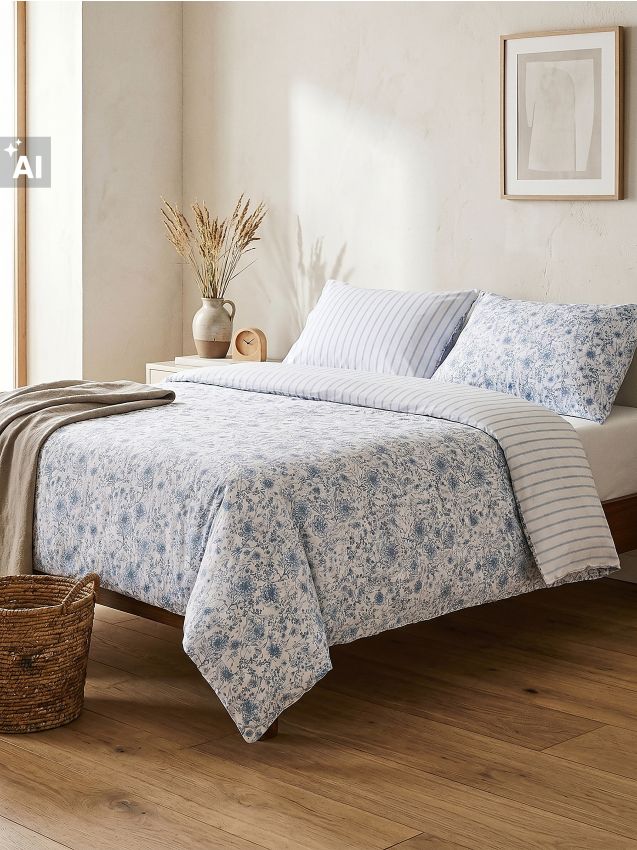 Sinsay - Set de lenjerie de pat reversibilă cu motiv floral - albastru-pal