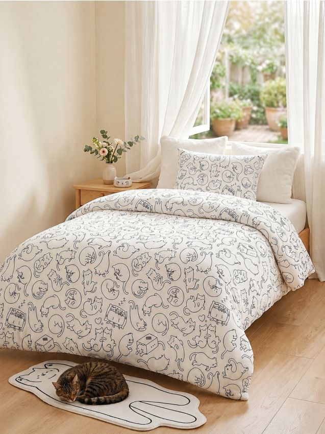 Sinsay - Set de lenjerie de pat din bumbac cu model de pisici - alb