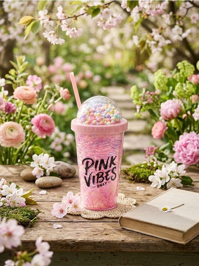 Sinsay - Cană cu capac și pai - roz-pastel