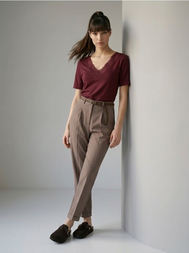 Sinsay - Tricou din viscoză cu dantelă decorativă - bordo
