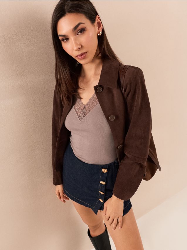 Sinsay - Tricou din viscoză cu dantelă decorativă - cafeniu