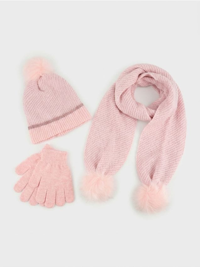 Sinsay - Set de iarnă cu pompoane: căciulă, fular și mănuși 3 pack - roz-pastel