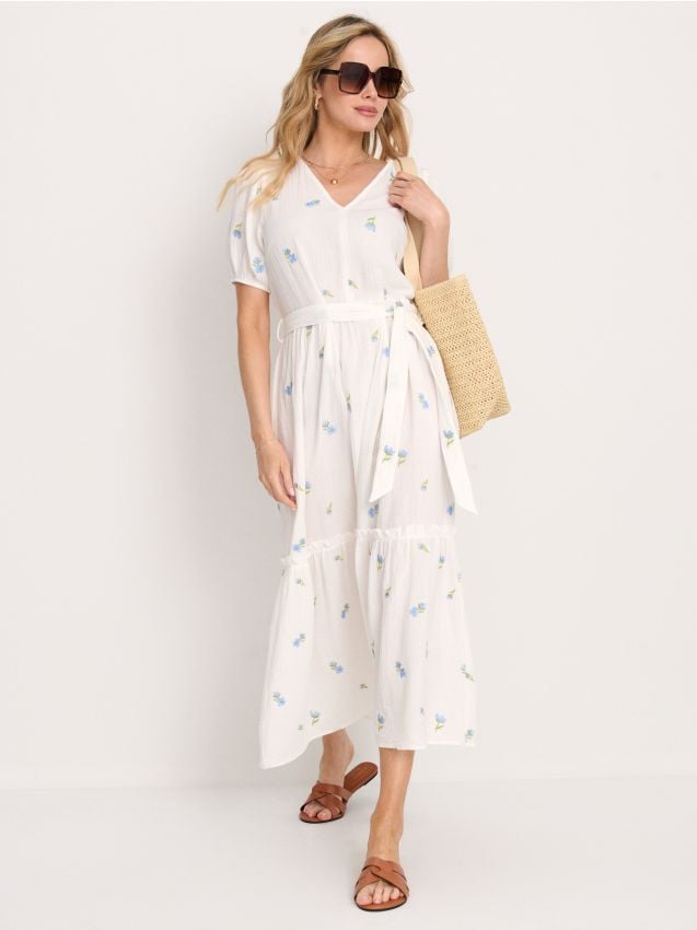 Sinsay - Rochie midi din bumbac cu flori brodate - multicolor