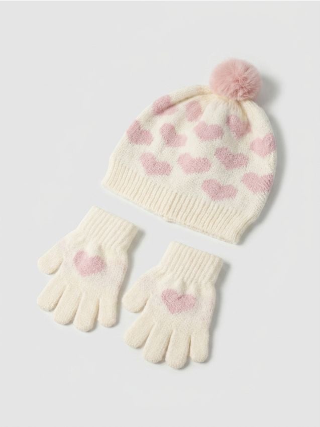 Sinsay - Set: căciulă și mănuși cu motiv cu inimioare - multicolor