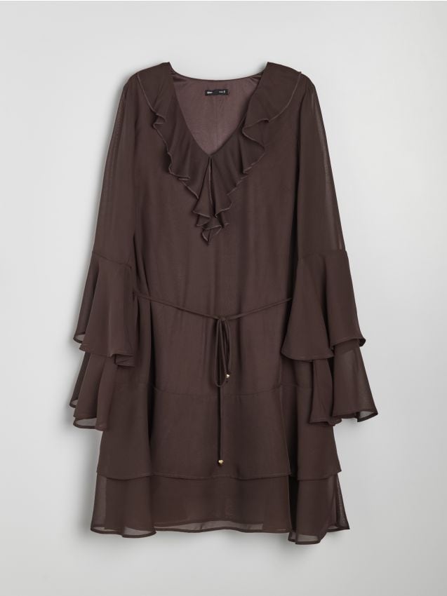 Sinsay - Rochie mini cu volane și curea din material - maro-închis