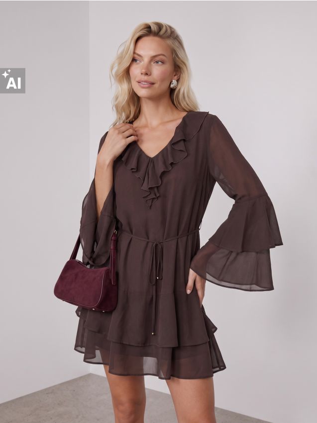 Sinsay - Rochie mini cu volane și curea din material - maro-închis