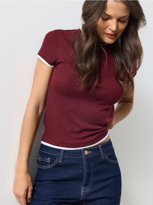 Sinsay - Tricou melanj cu amestec de viscoză - bordo