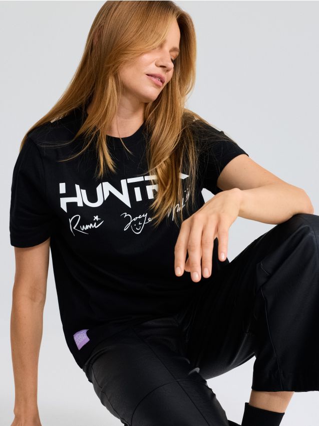 Sinsay - Tricou oversize din bumbac cu imprimeu K-Pop Demon Hunters - negru