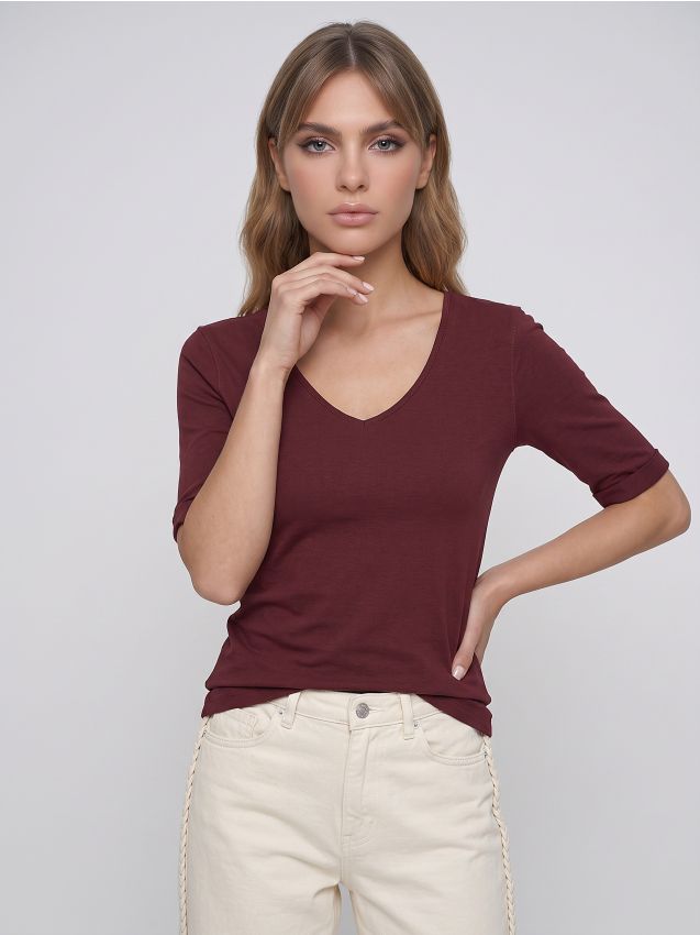 Sinsay - Tricou din bumbac cu decolteu în V - roz-piersică