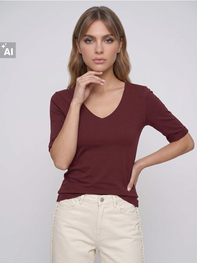 Sinsay - Tricou din bumbac cu decolteu în V - roz-piersică