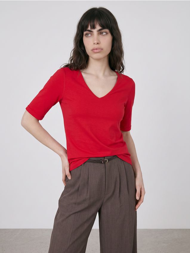 Sinsay - Tricou din bumbac cu decolteu în V - roșu