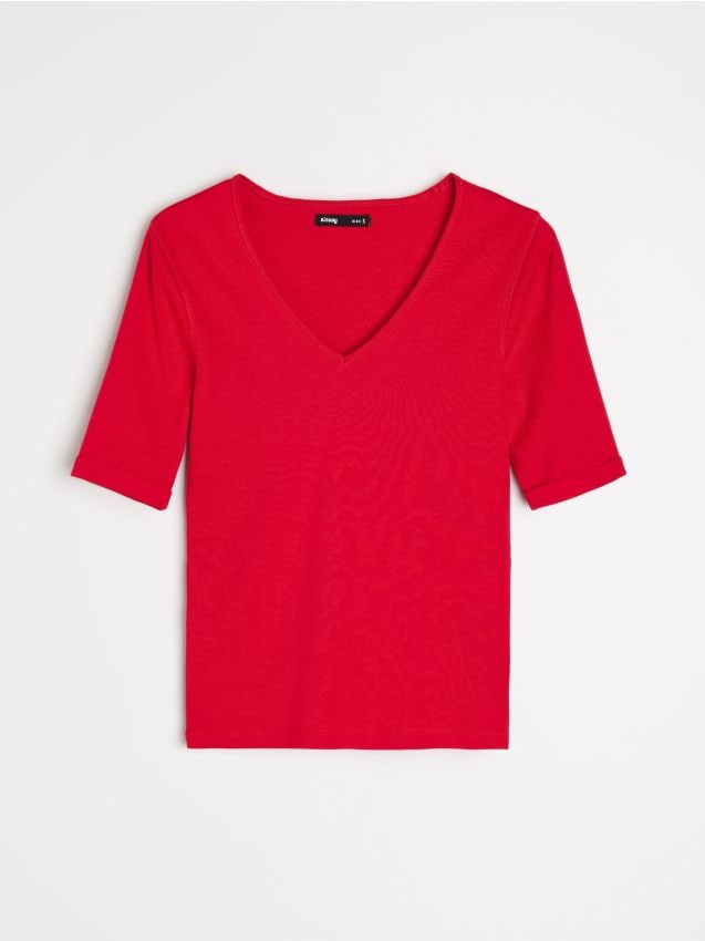 Sinsay - Tricou din bumbac cu decolteu în V - roșu