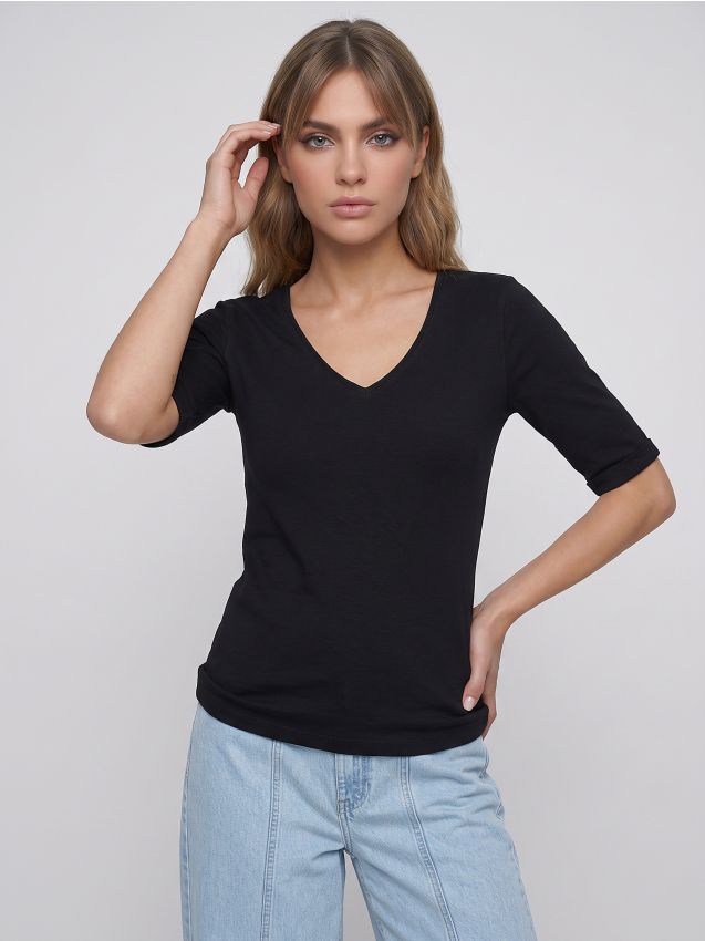 Sinsay - Tricou din bumbac cu decolteu în V - negru