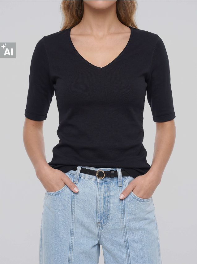 Sinsay - Tricou din bumbac cu decolteu în V - negru