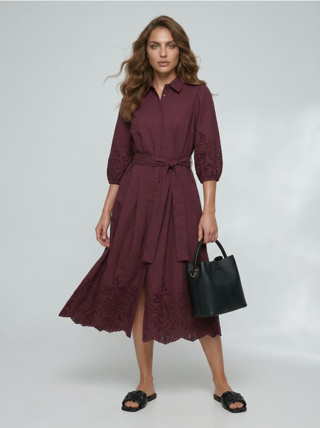 Sinsay - Rochie midi din bumbac cu model ajurat și curea - bordo