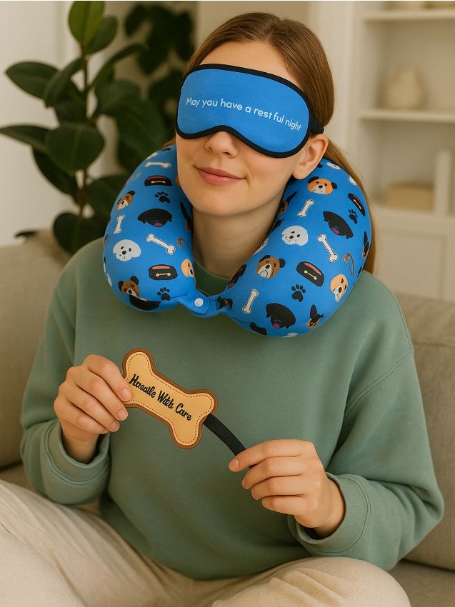 Sinsay - Cestovná súprava: vankúš, maska na oči a menovka - svetlomodrá