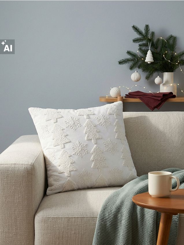 Sinsay - Față de pernă decorativă cu brazi de Crăciun și fulgi de nea brodați - alb
