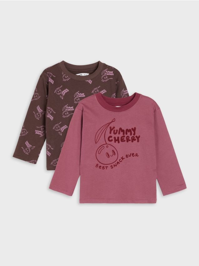 Sinsay - Set de 2 tricouri din bumbac cu motiv de cireșe - bordo