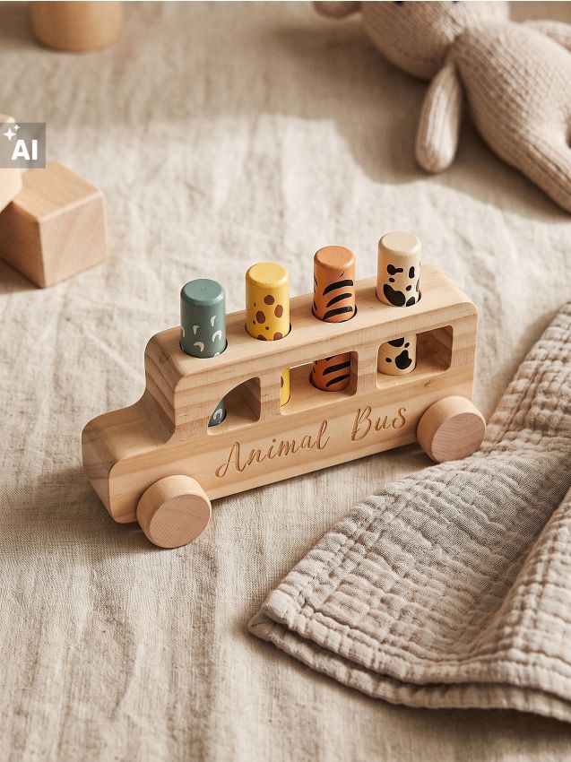 Sinsay - Autobuz din lemn cu cuburi pop-up și motiv cu animale - multicolor