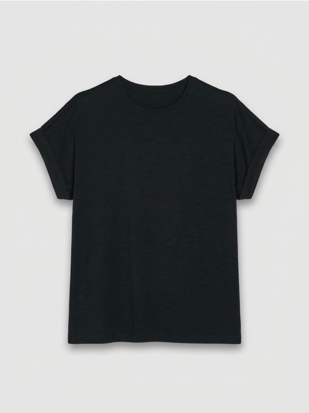 Sinsay - Tricou din bumbac cu mâneci suflecate - negru