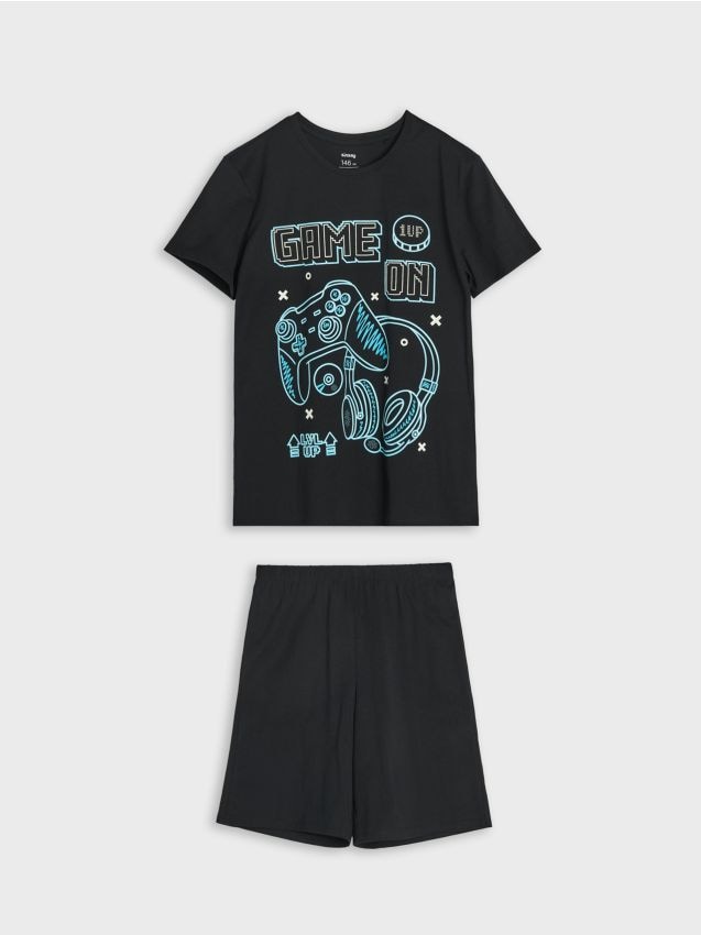 Sinsay - Pijama din bumbac în două piese cu imprimeu - negru