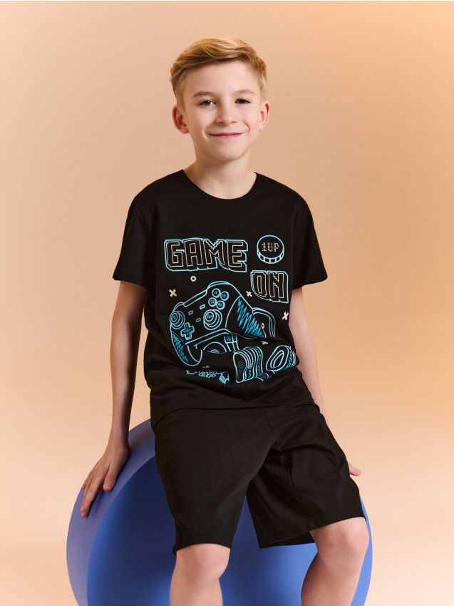 Sinsay - Pijama din bumbac în două piese cu imprimeu - negru