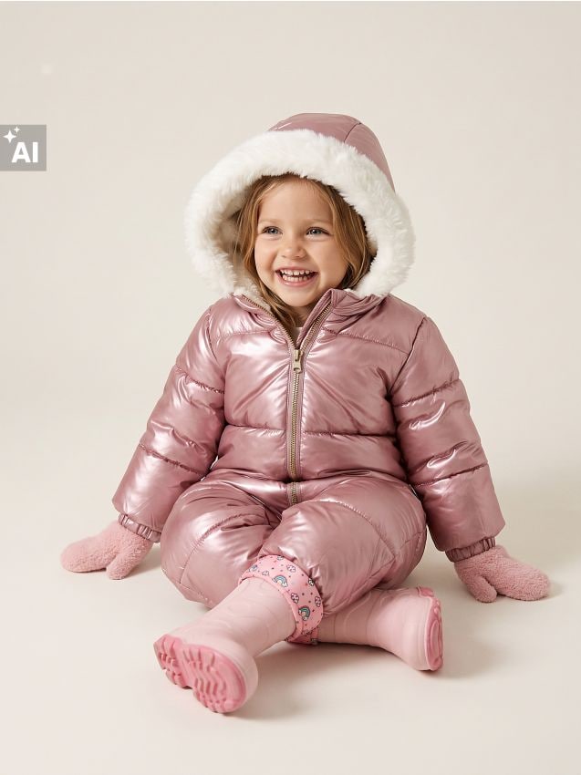 Sinsay - Salopetă puffer căptușită cu glugă și finisaj din blană - roz-pastel